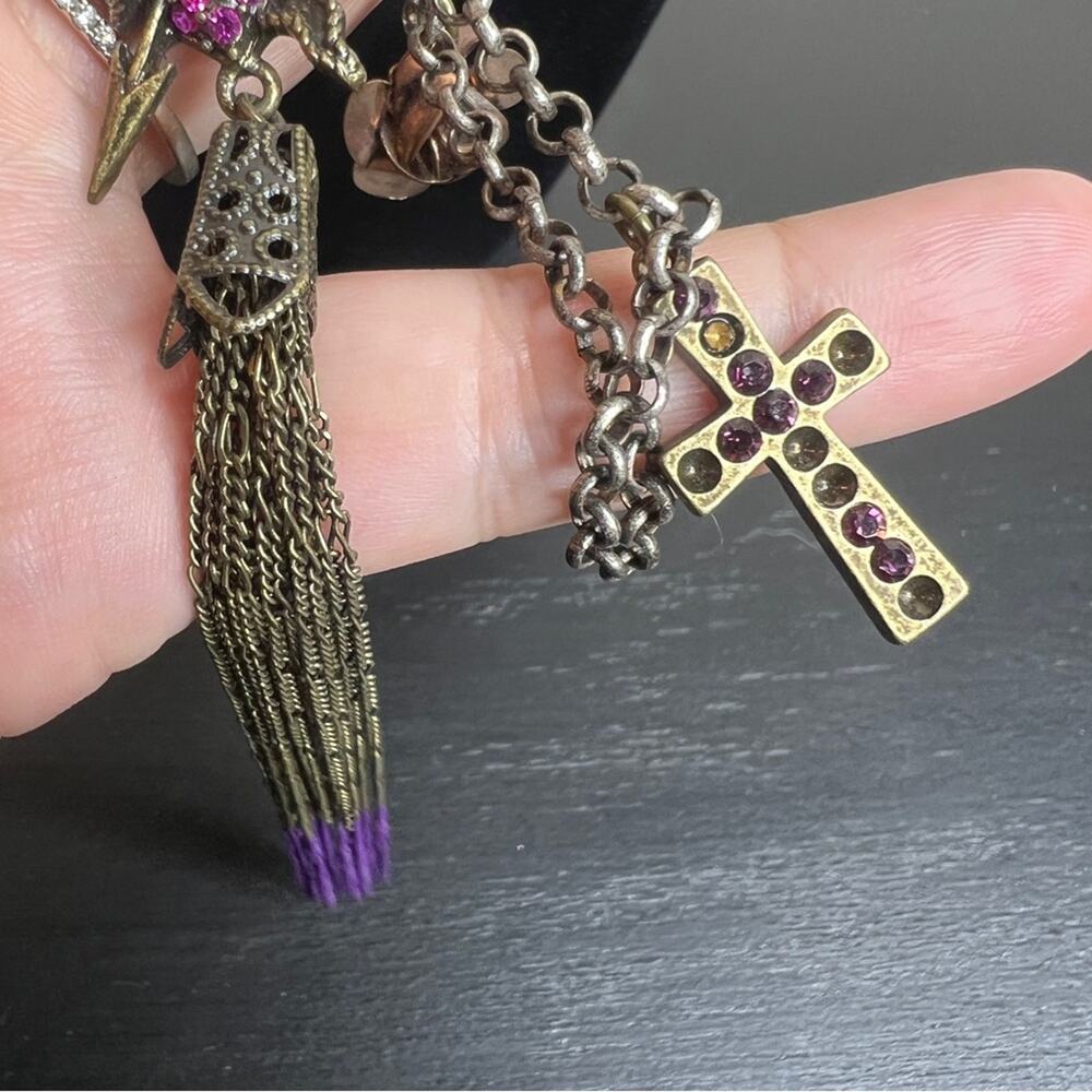 Betsey Johnson Purple Rhinestone Heart Knife CrossCharm Statement Chain Necklace - Picture 5 of 9